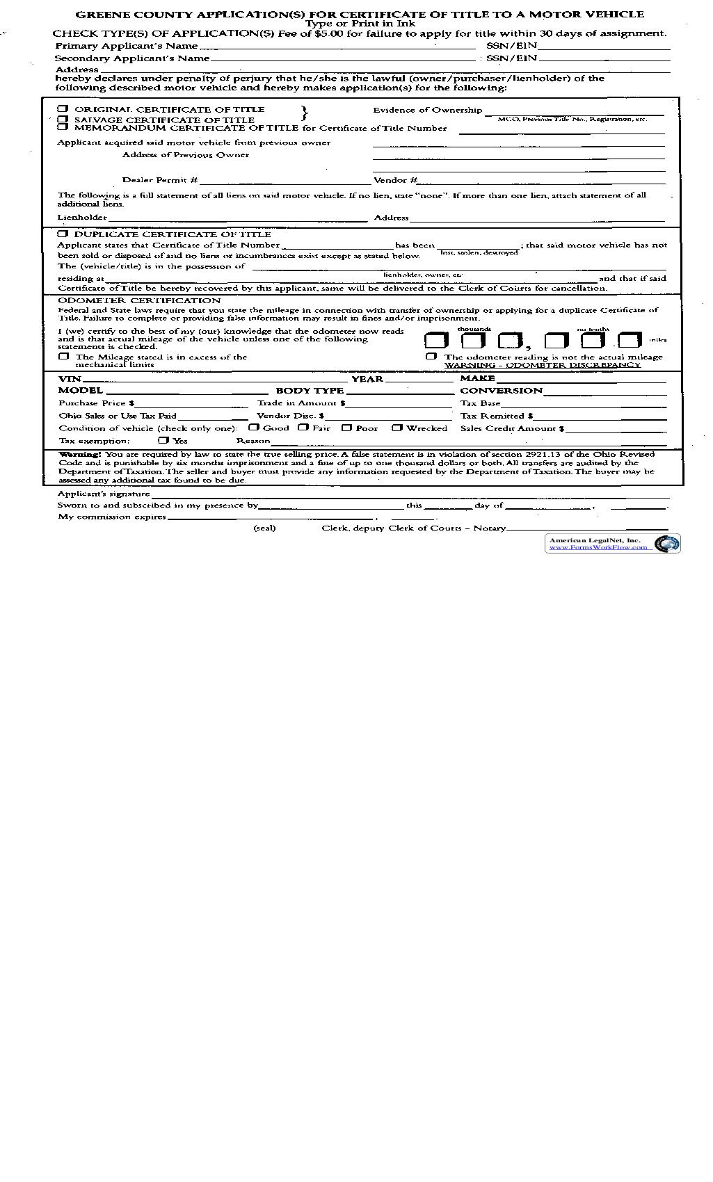 Application For Certificate Of Title To A Motor Vehicle | Pdf Fpdf Doc Docx | Ohio