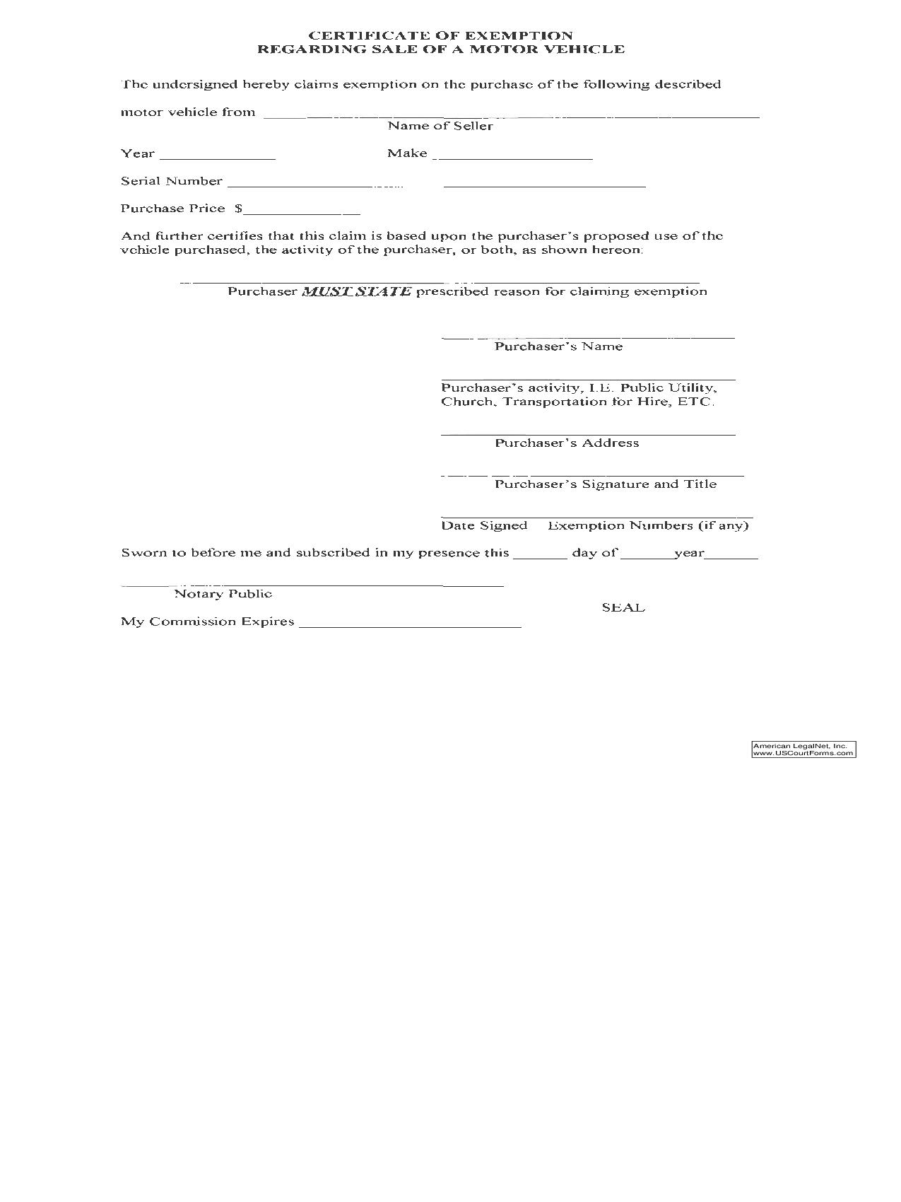 Certificate Of Exemption Regarding Sale Of A Motor Vehicle | Pdf Fpdf Doc Docx | Ohio