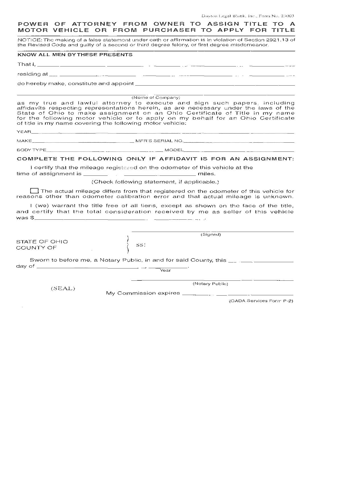 Power Of Attorney From Owner To Assign Title | Pdf Fpdf Doc Docx | Ohio