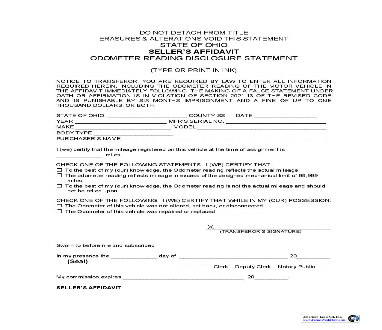 Sellers Affidavit Odometer Reading Disclosure Statement | Pdf Fpdf Doc Docx | Ohio