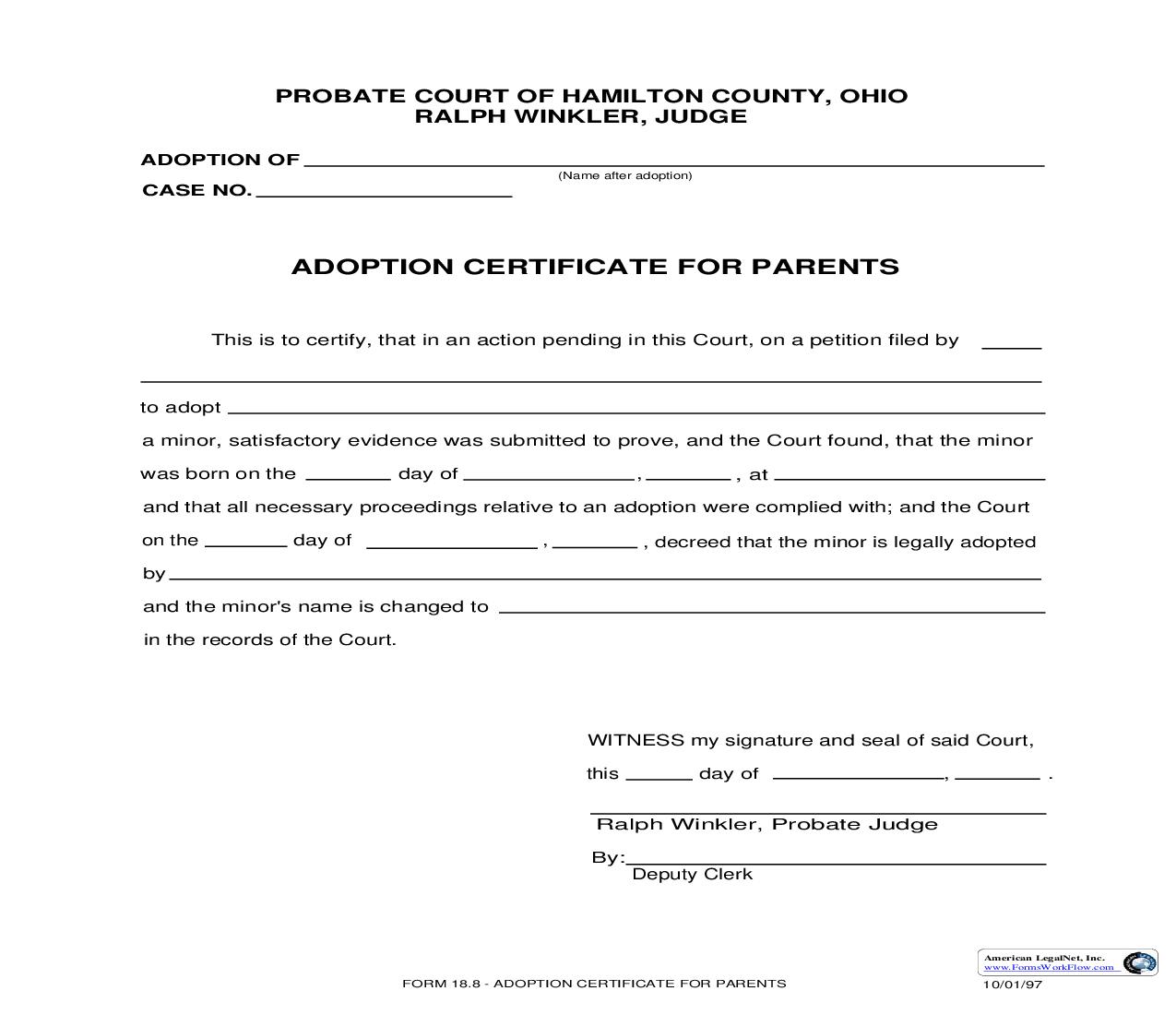 Adoption Certificate For Parents {18.8} | Pdf Fpdf Doc Docx | Ohio