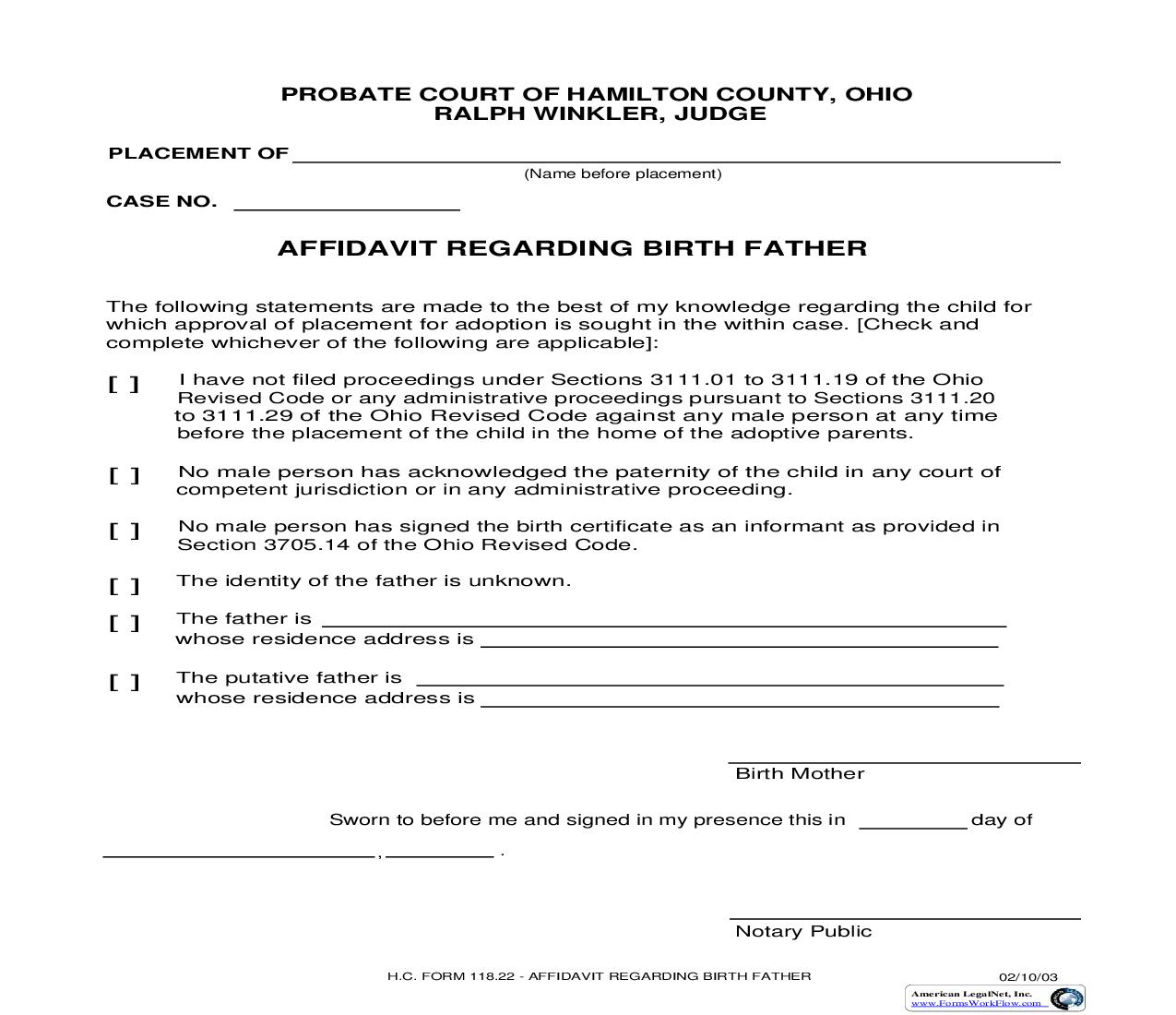 Affidavit Regarding Birth Father {118.22} | Pdf Fpdf Doc Docx | Ohio
