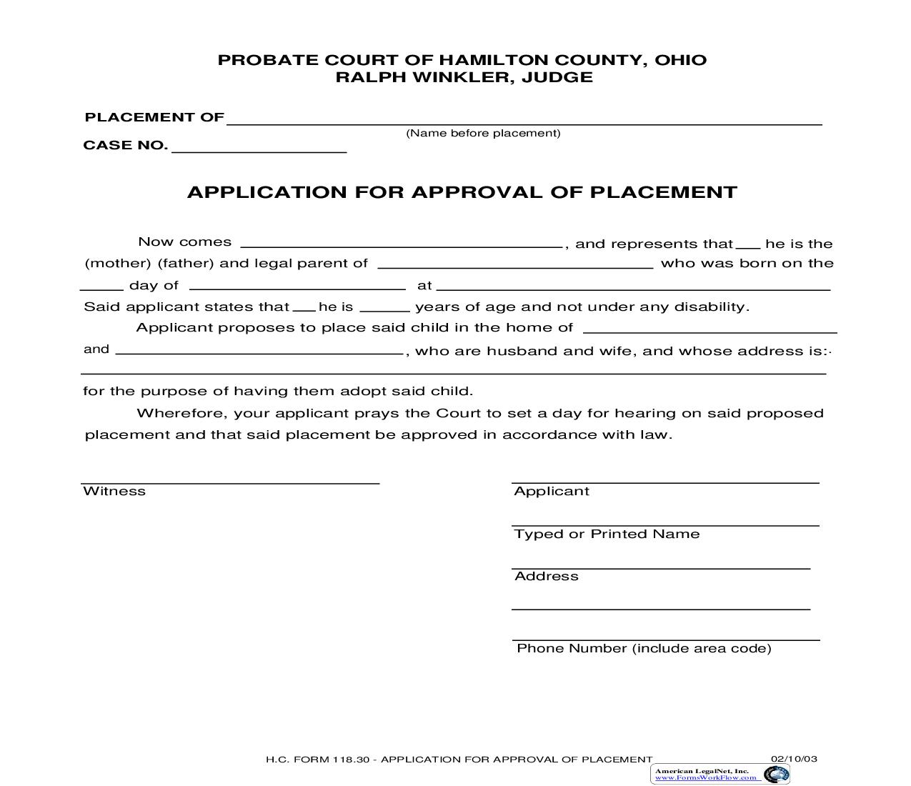 Application For Approval Of Placement {118.30} | Pdf Fpdf Doc Docx | Ohio