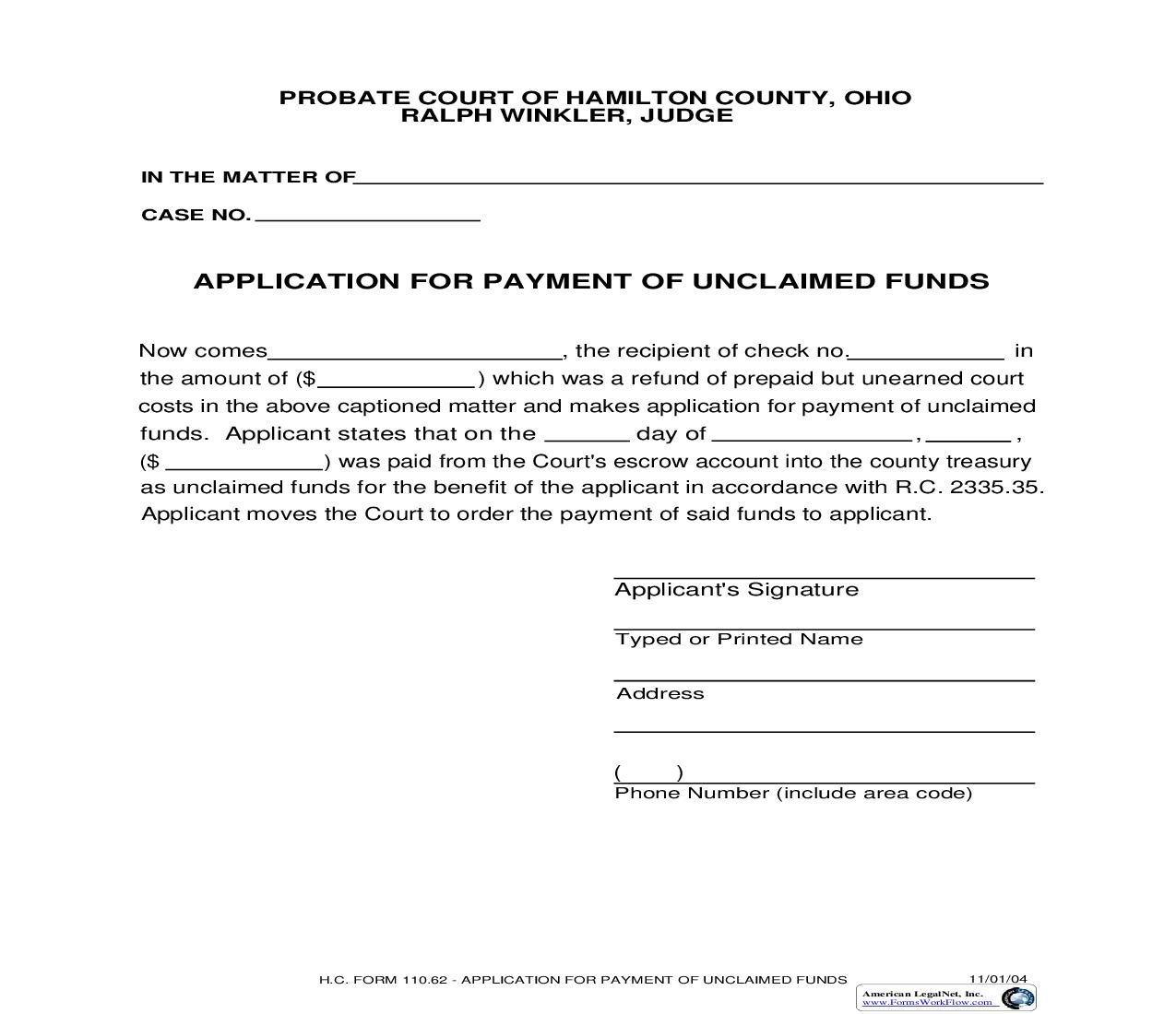 Application For Payment Of Unclaimed Funds {110.62} | Pdf Fpdf Doc Docx | Ohio