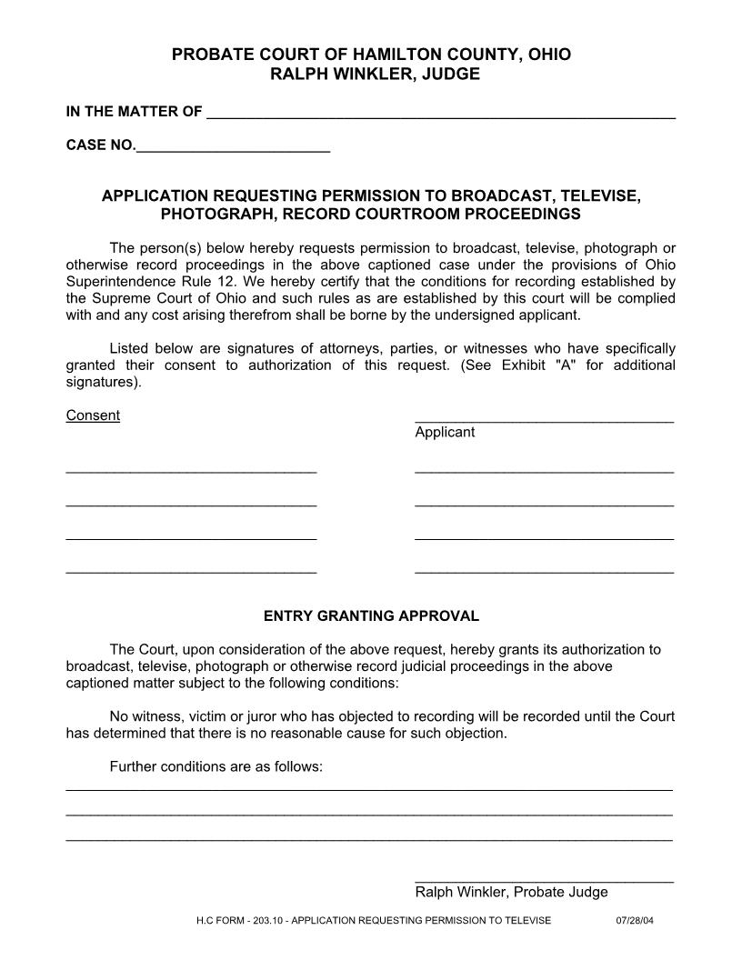 Application Requesting Permission To Televise {203.10} | Pdf Fpdf Doc Docx | Ohio