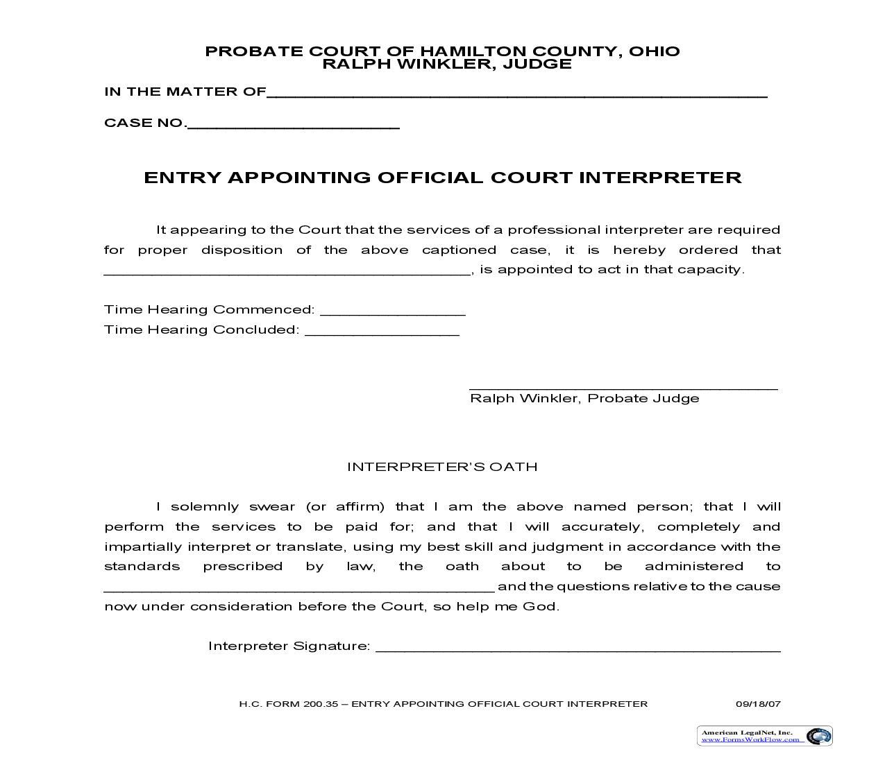 Entry Appointing Official Court Interpreter {200.35} | Pdf Fpdf Doc Docx | Ohio