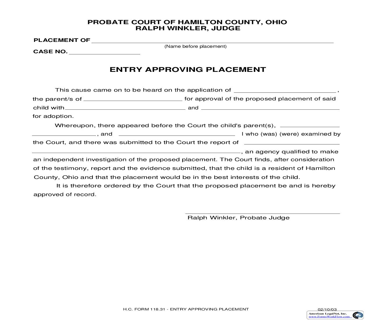 Entry Approving Placement {118.31} | Pdf Fpdf Doc Docx | Ohio