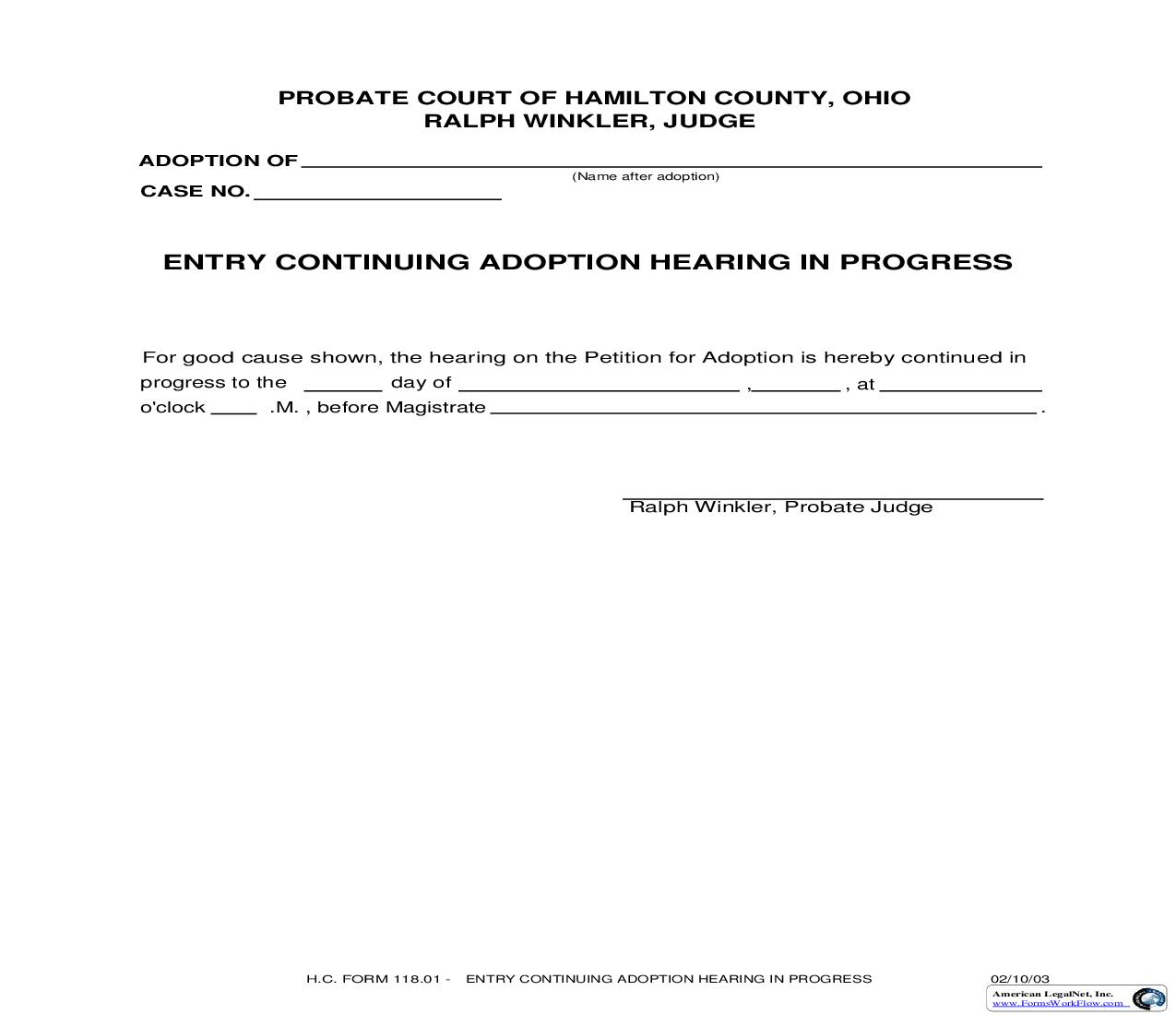 Entry Continuing Adoption Hearing In Progress {118.01} | Pdf Fpdf Doc Docx | Ohio