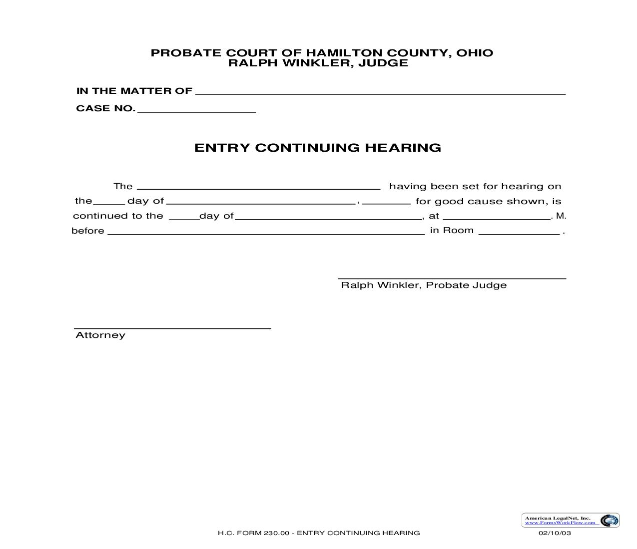 Entry Continuing Hearing {230.00} | Pdf Fpdf Doc Docx | Ohio