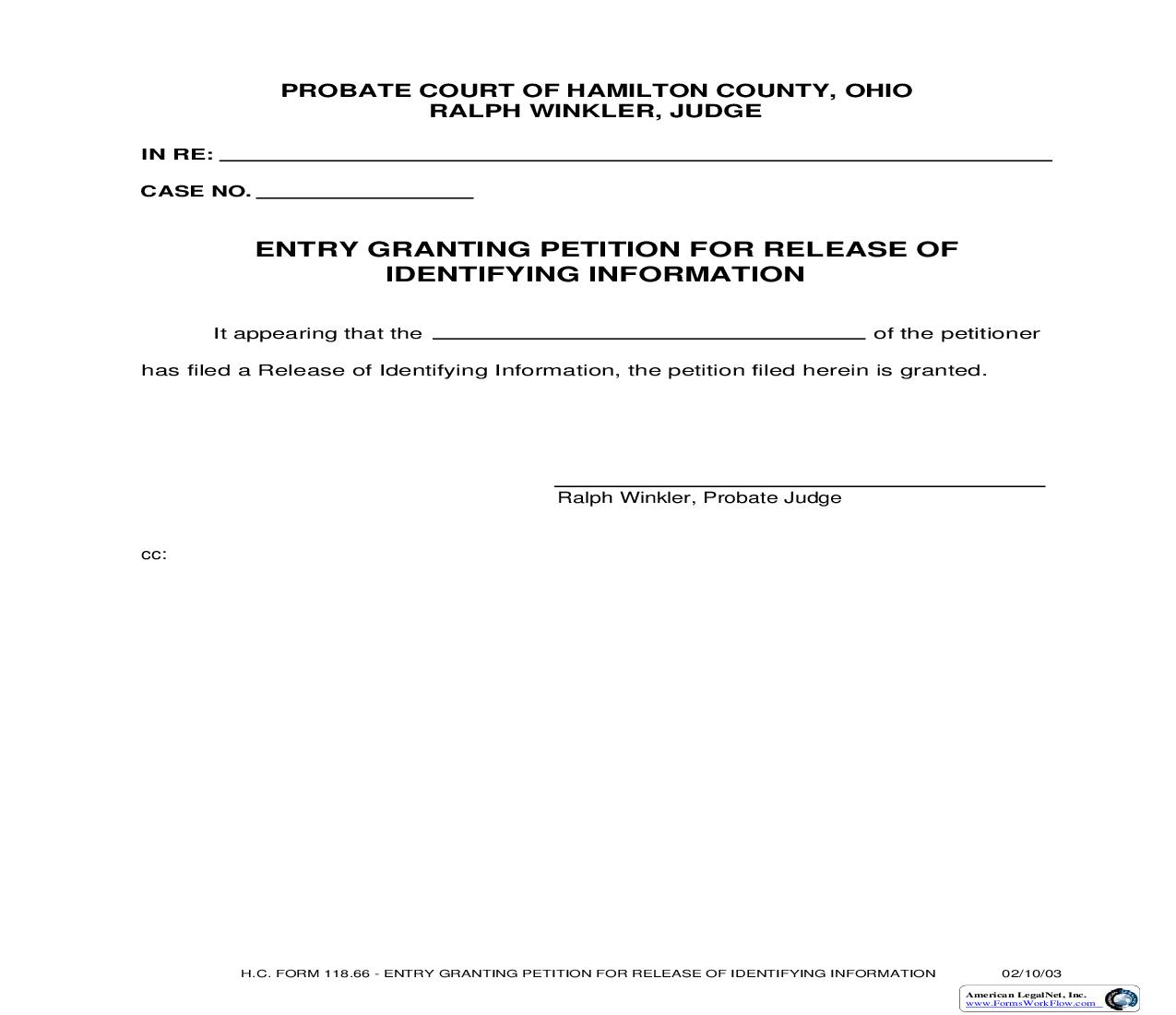 Entry Granting Petition For Release Of Identifying Information {118.66} | Pdf Fpdf Doc Docx | Ohio