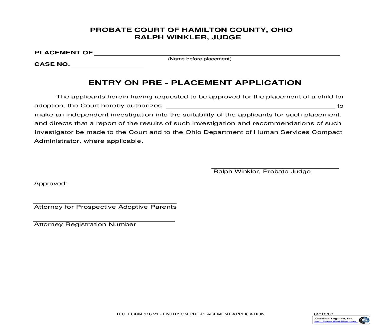 Entry On Pre-Placement Application {118.21} | Pdf Fpdf Doc Docx | Ohio