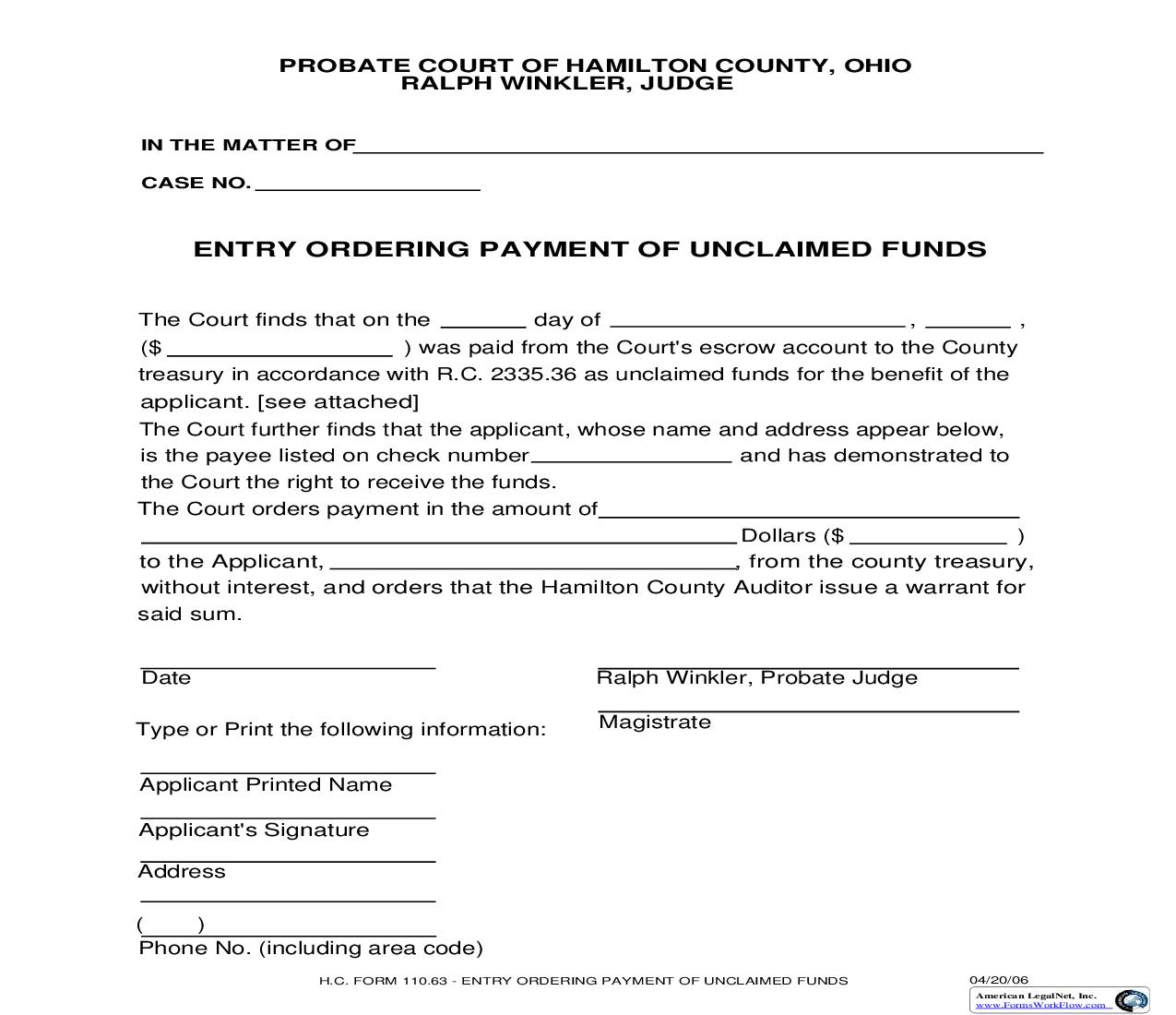 Entry Ordering Payment Of Unclaimed Funds {110.63} | Pdf Fpdf Doc Docx | Ohio