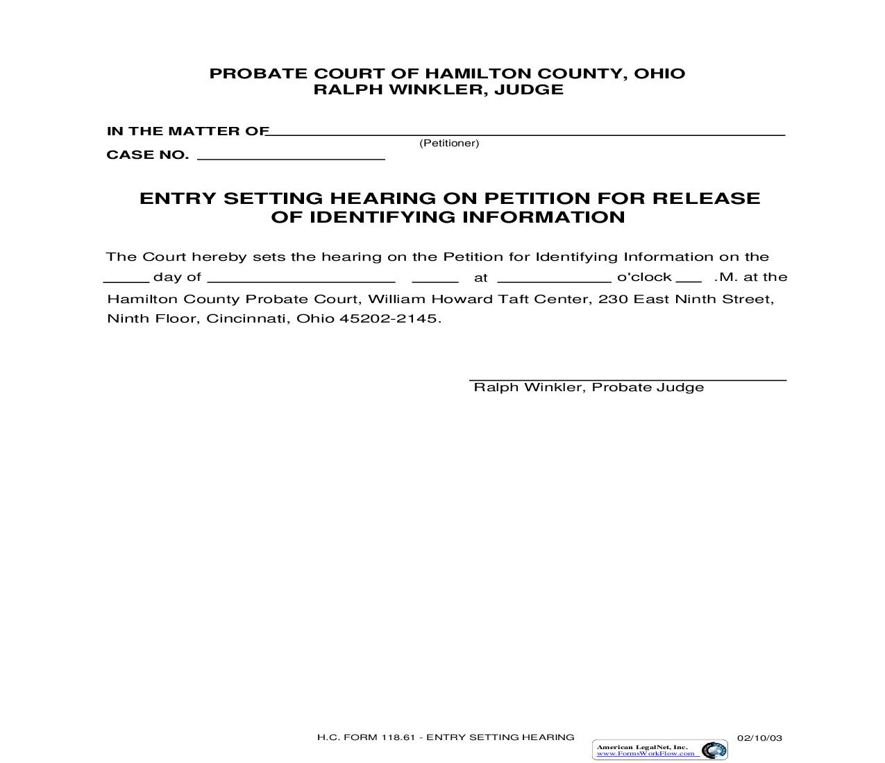 Entry Setting Hearing On Petition For Release Of Identifying Information {118.61} | Pdf Fpdf Doc Docx | Ohio