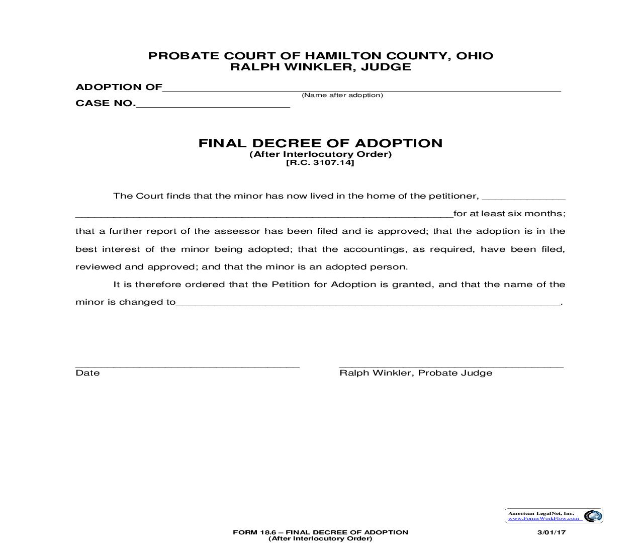 Final Decree Of Adoption (After Interlocutory Order) {18.6} | Pdf Fpdf Doc Docx | Ohio