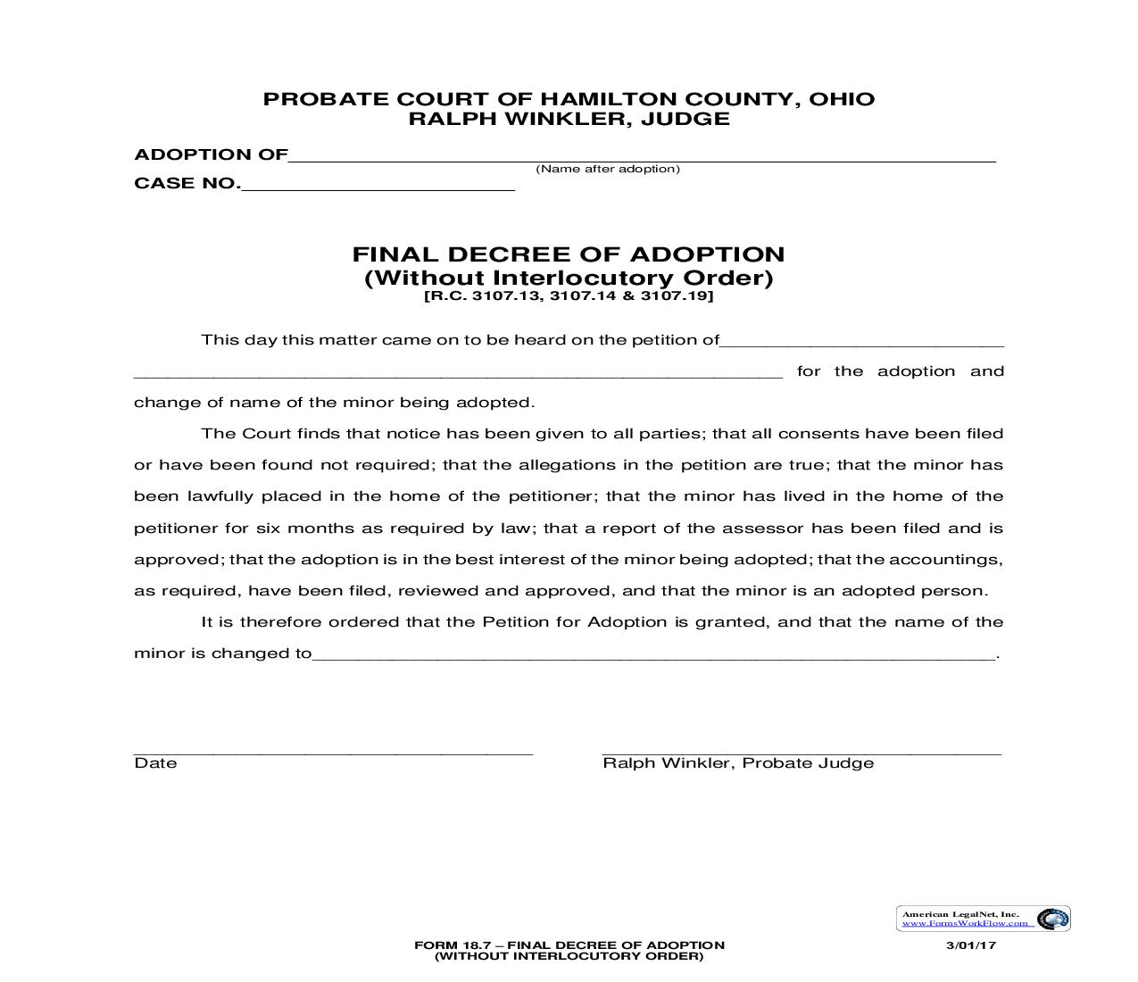 Final Decree Of Adoption (Without Interlocutory Order) {18.7} | Pdf Fpdf Doc Docx | Ohio