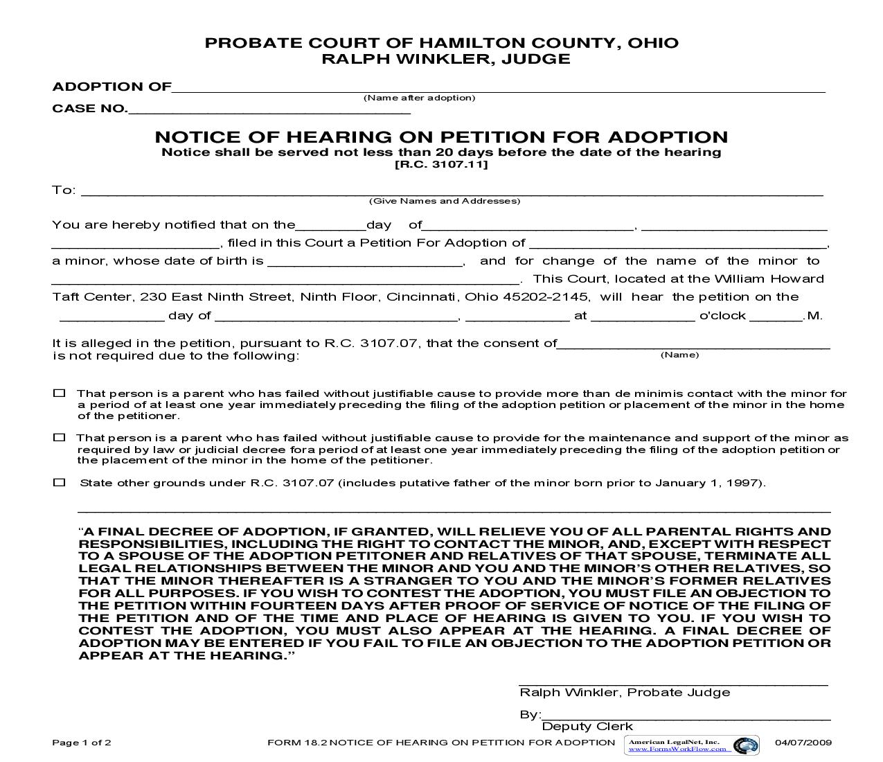 Notice Of Hearing On Petition For Adoption {18.2} | Pdf Fpdf Doc Docx | Ohio