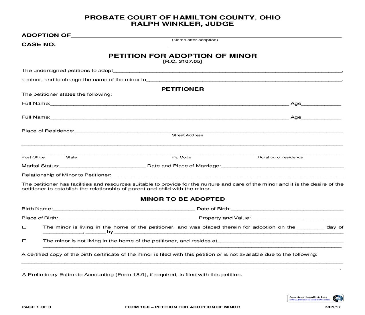 Petition For Adoption Of Minor {18.0} | Pdf Fpdf Doc Docx | Ohio