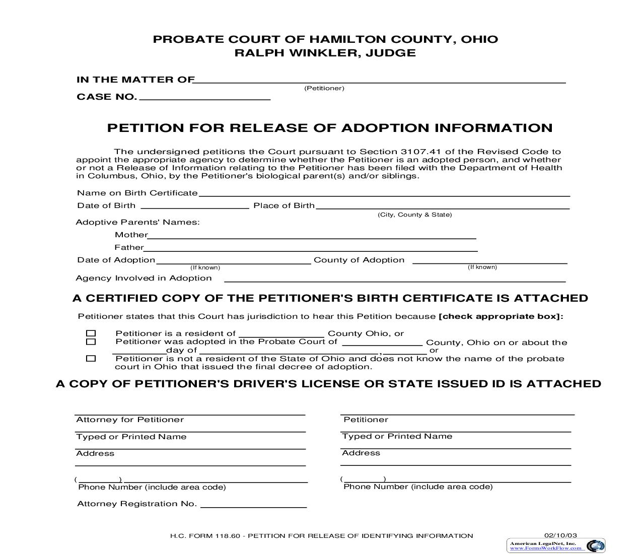 Petition For Release Of Adoption Information {118.60} | Pdf Fpdf Doc Docx | Ohio