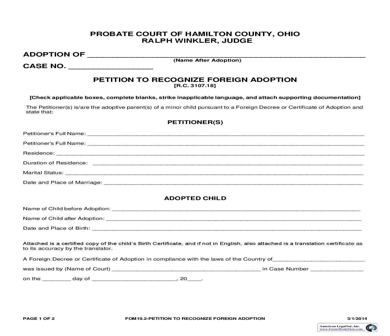 Petition To Recognize Foreign Adoption {19.2} | Pdf Fpdf Doc Docx | Ohio