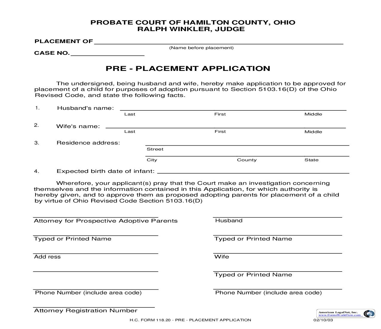 Pre-Placement Application {118.20} | Pdf Fpdf Doc Docx | Ohio