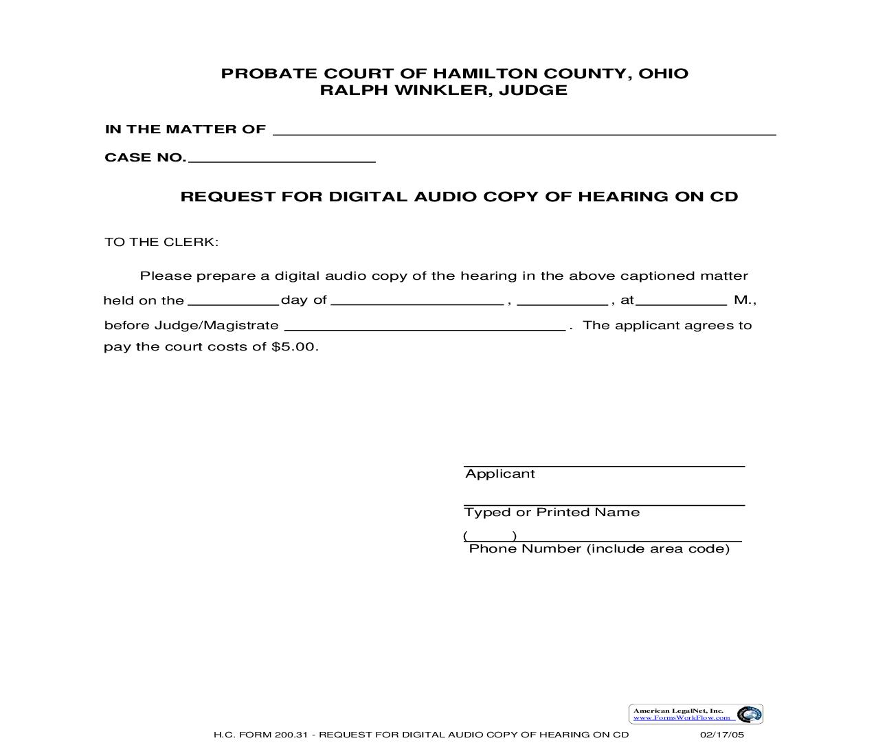 Request For Digital Audio Copy Of Hearing On CD {200.31} | Pdf Fpdf Doc Docx | Ohio