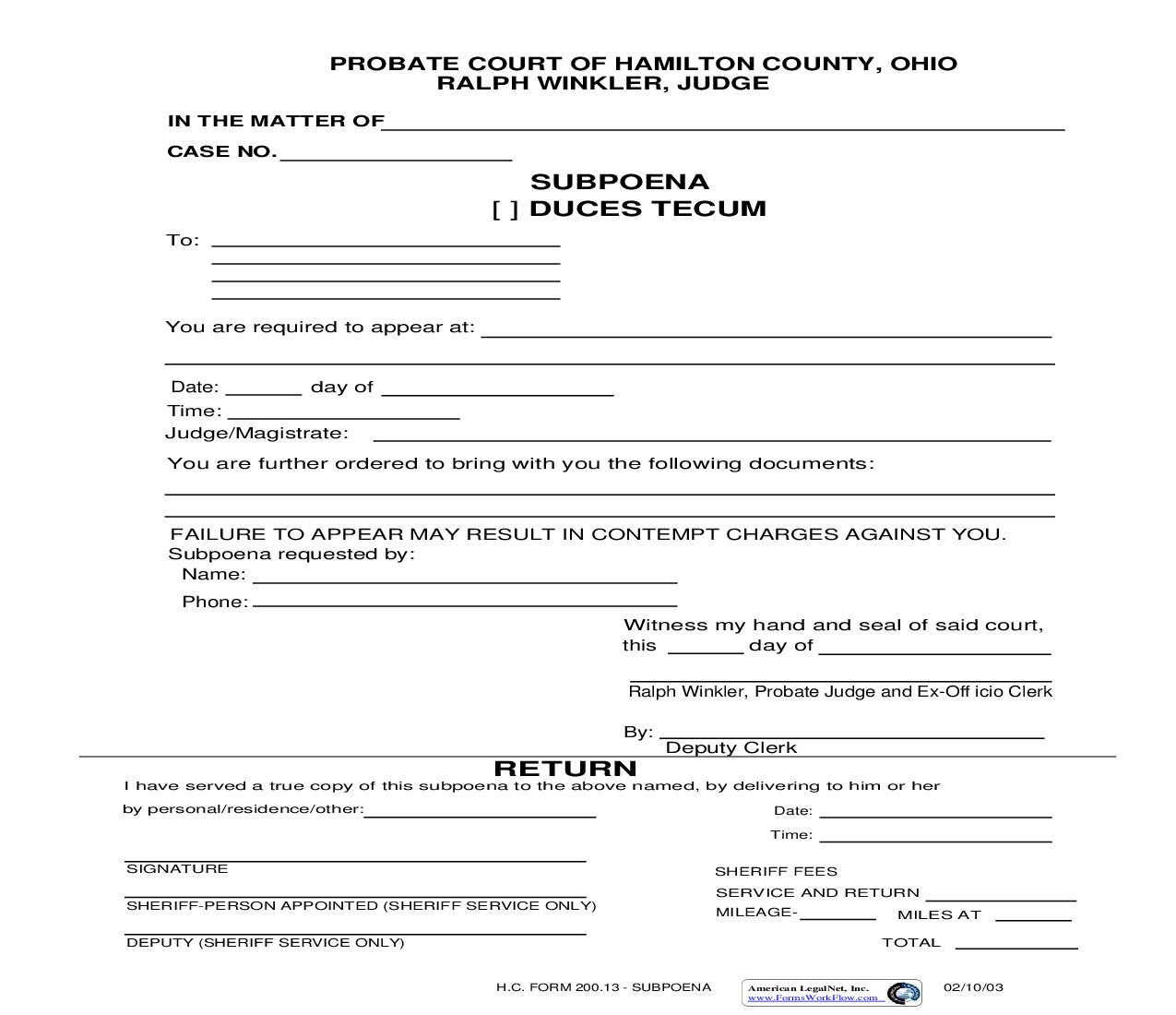 Subpoena {200.13} | Pdf Fpdf Doc Docx | Ohio