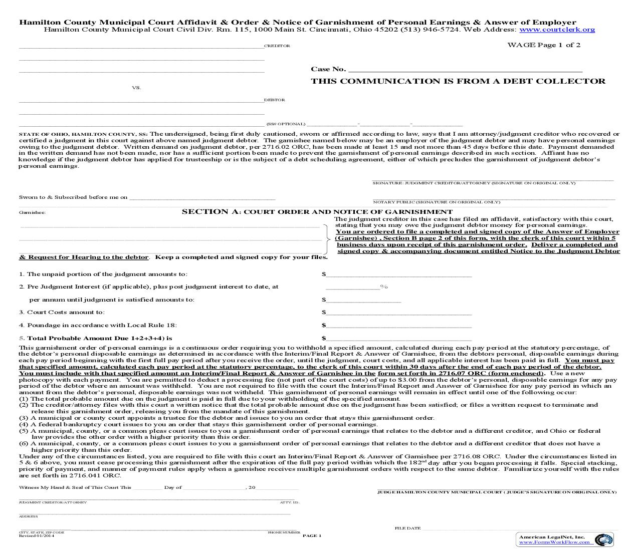 Affidavit And Order And Notice Of Garnishment Of Personal Earnings (Municipal) | Pdf Fpdf Doc Docx | Ohio