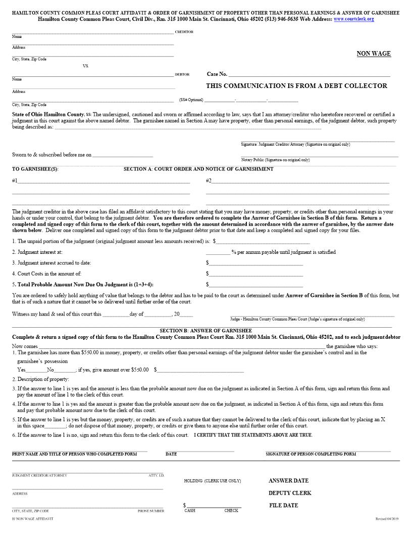Affidavit And Order And Notice Of Garnishment Of Property (Common Pleas) | Pdf Fpdf Docx | Ohio