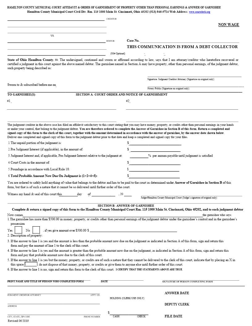 Affidavit And Order And Notice Of Garnishment Of Property Other Than Personal Earnings (Municipal) | Pdf Fpdf Doc Docx | Ohio
