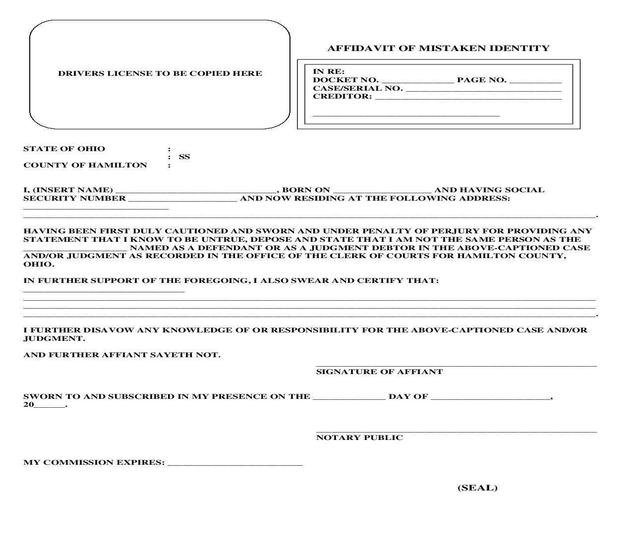 Affidavit Of Mistaken Identity | Pdf Fpdf Doc Docx | Ohio