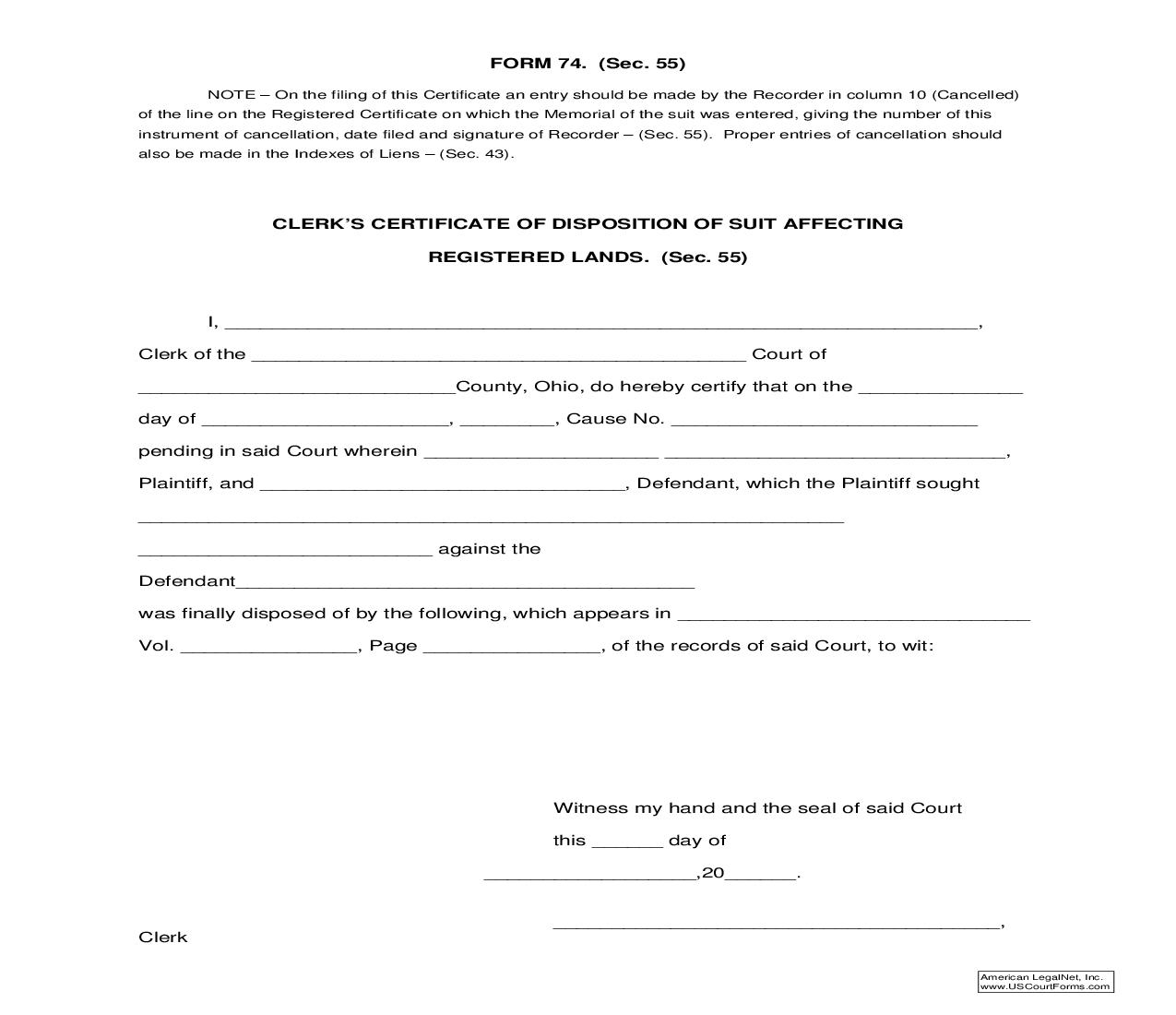Clerks Certificate Of Disposition Of Suit Affecting Registered Lands {74} | Pdf Fpdf Doc Docx | Ohio