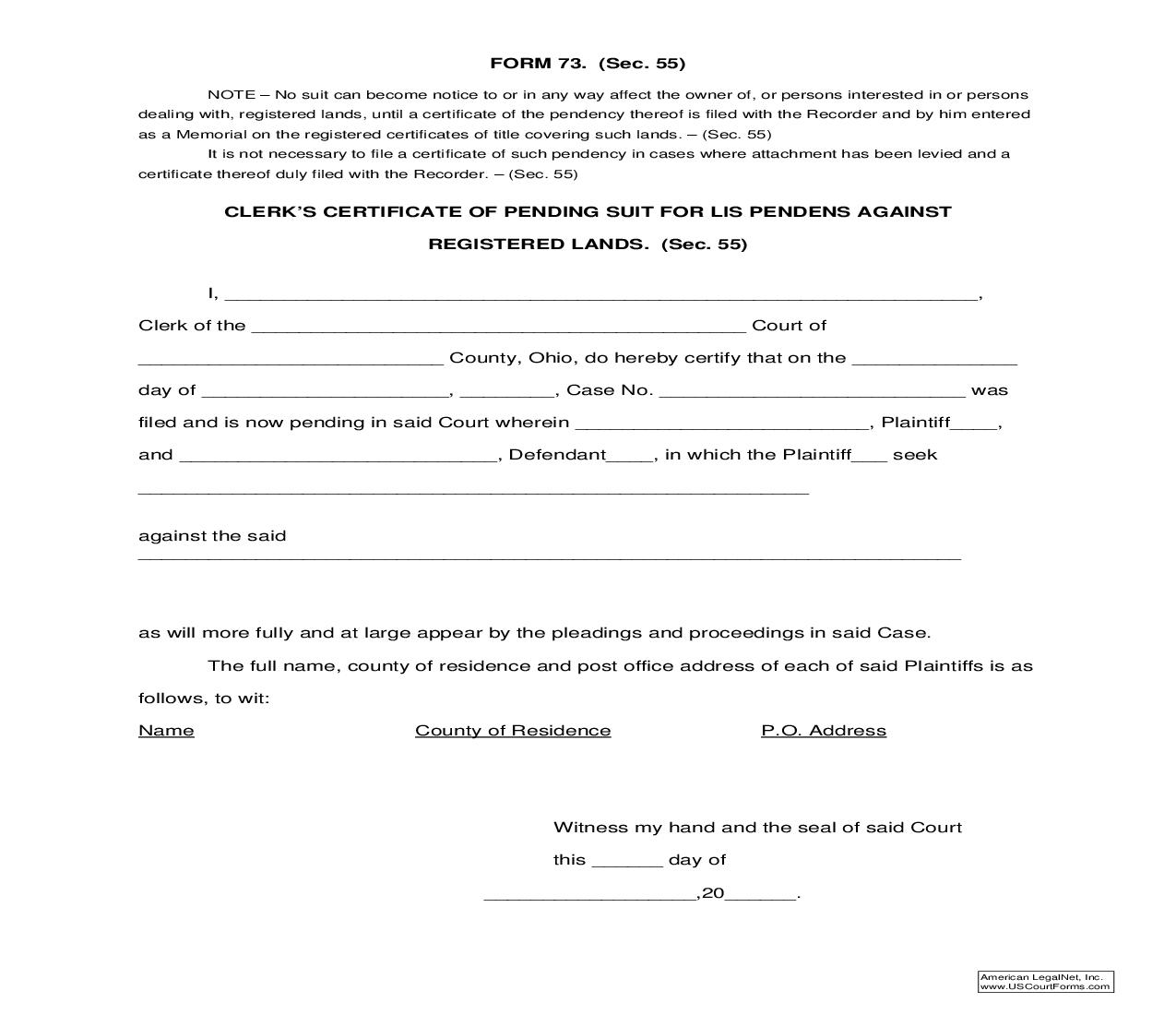 Clerks Certificate Of Pending Suit For Lis Pendens Against Registered Lands {73} | Pdf Fpdf Doc Docx | Ohio