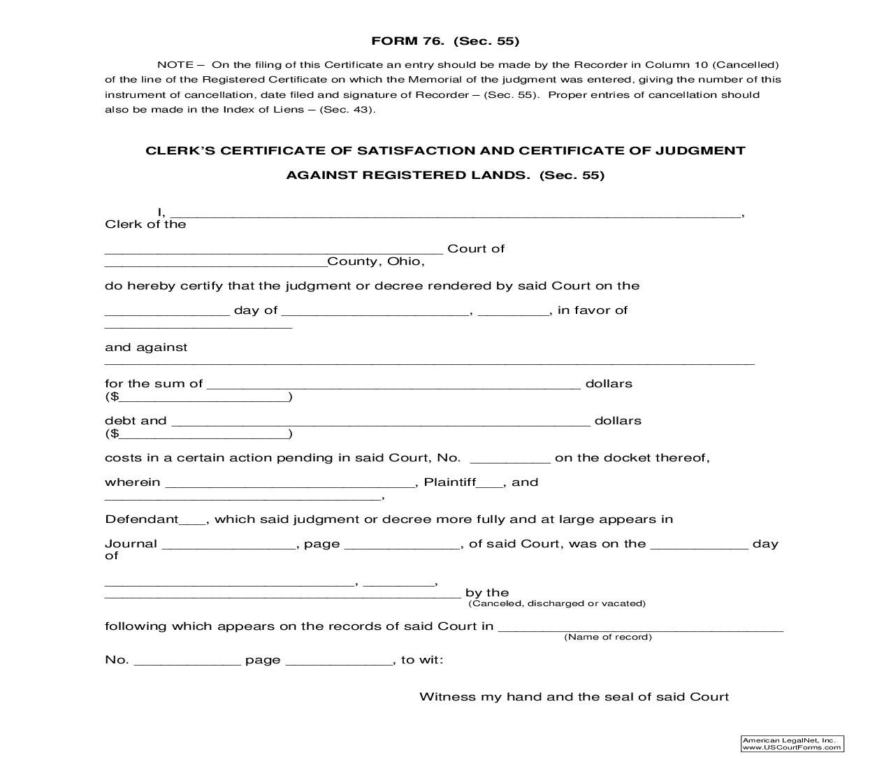 Clerks Certificate Of Satisfaction And Certificate Of Judgment Against Registered Lands {76} | Pdf Fpdf Doc Docx | Ohio
