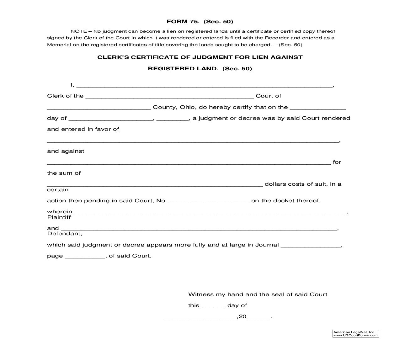 Clerks Certificate of Judgment For Lien Against Registered Land {75} | Pdf Fpdf Doc Docx | Ohio