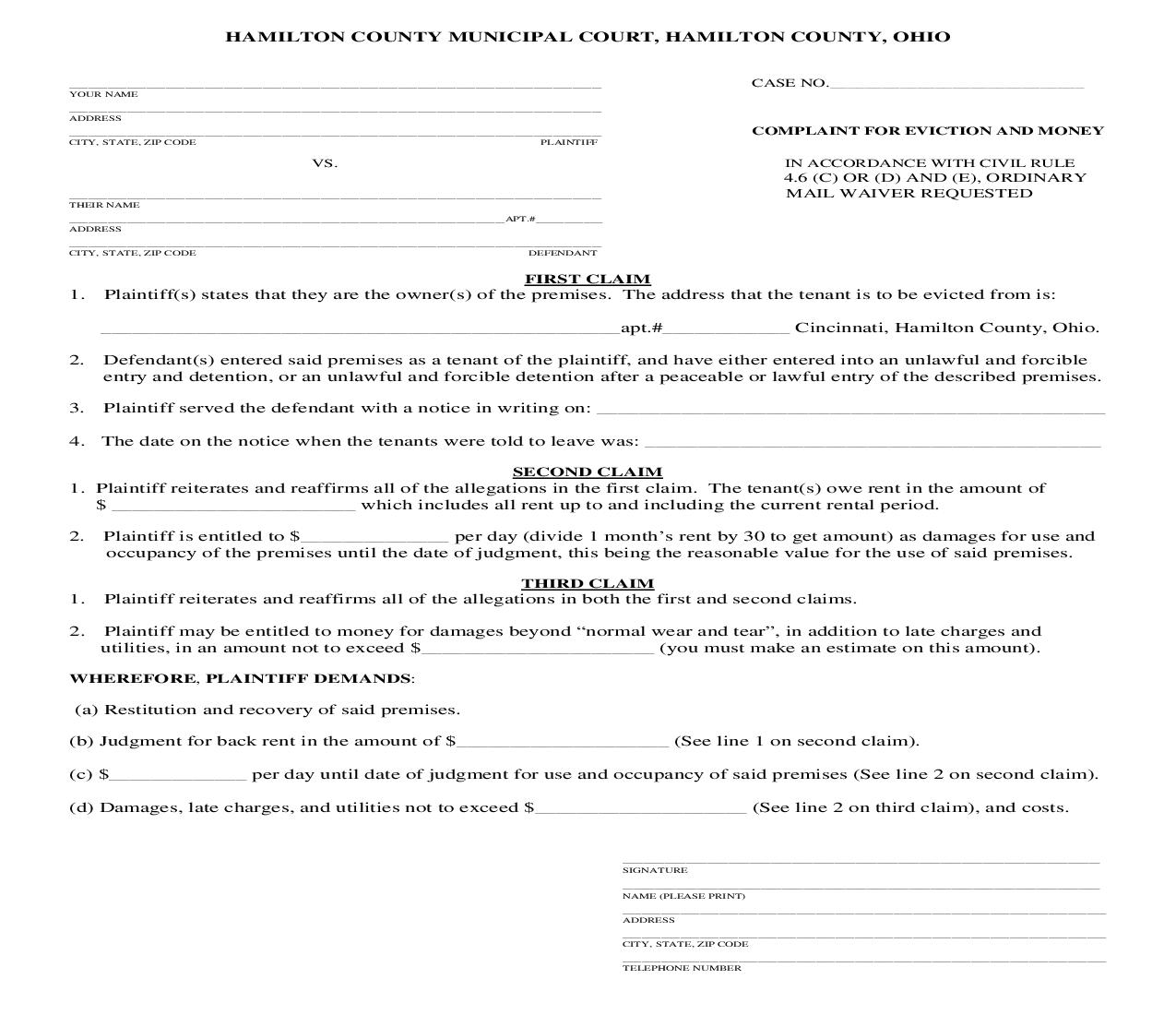 Complaint For Eviction And Money | Pdf Fpdf Doc Docx | Ohio