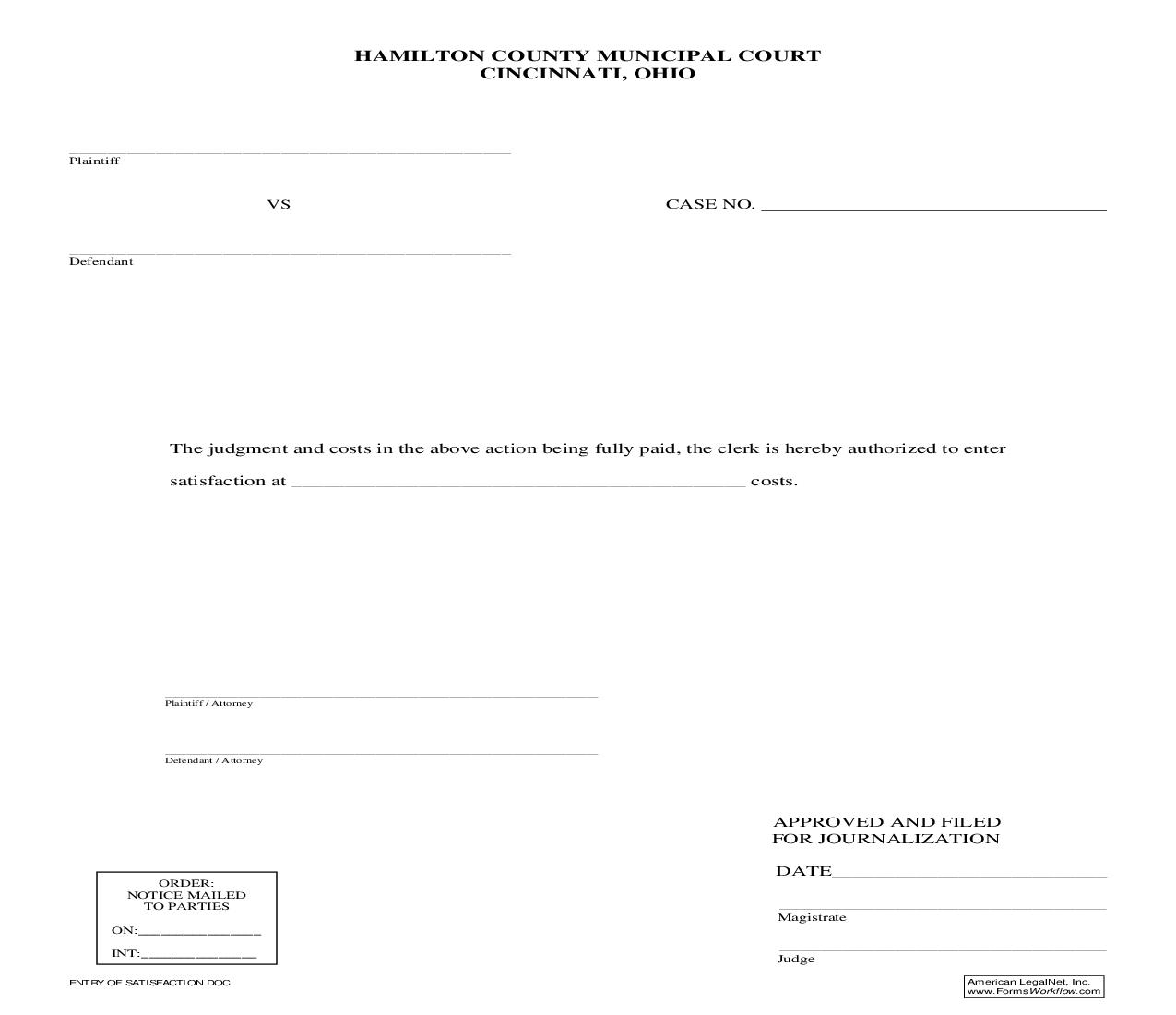 Entry Of Satisfaction Of Judgment | Pdf Fpdf Doc Docx | Ohio