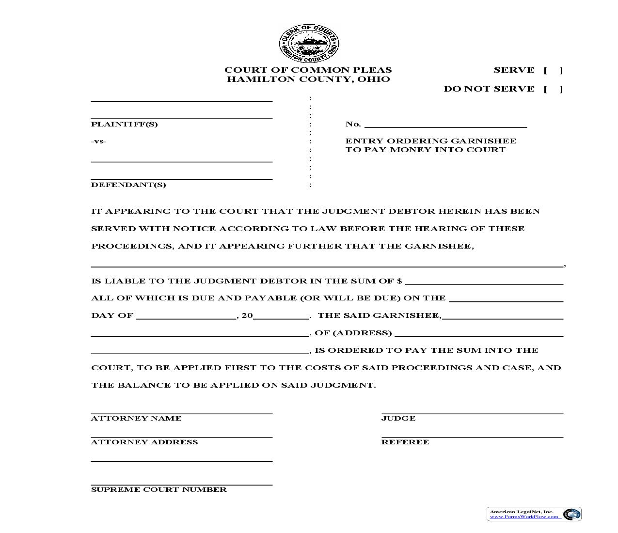 Entry Ordering Garnishee To Pay Money Into Court | Pdf Fpdf Doc Docx | Ohio