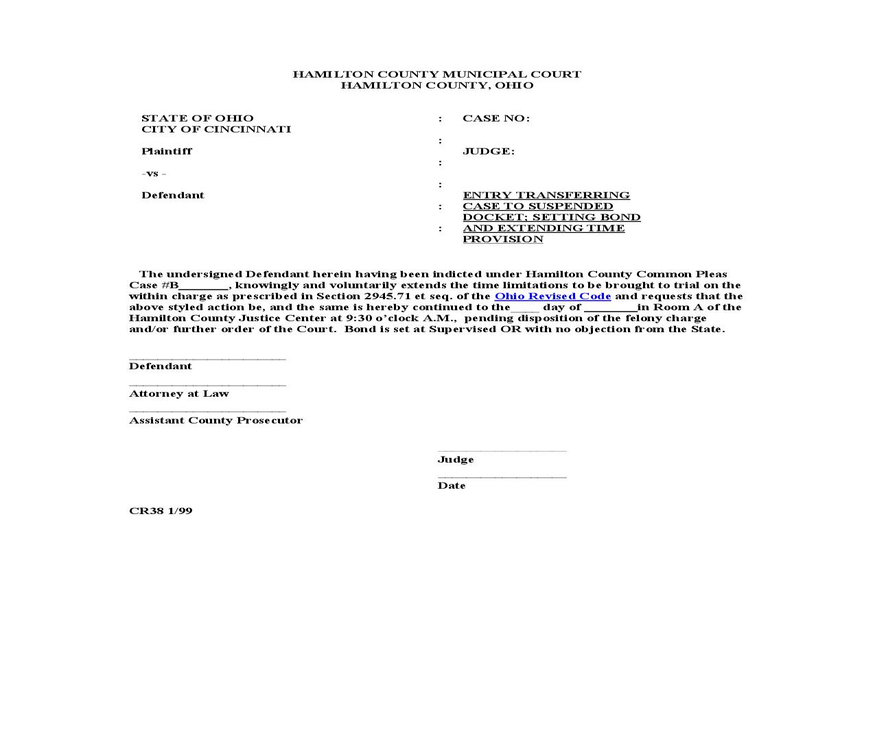 Entry Transferring Case To Suspended Docket Setting Bond And Extending Time Provision {CR-38} | Pdf Fpdf Doc Docx | Ohio