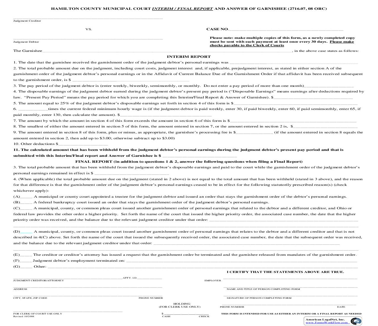 Interim Final Report And Answer Of Garnishee (Municipal) | Pdf Fpdf Doc Docx | Ohio