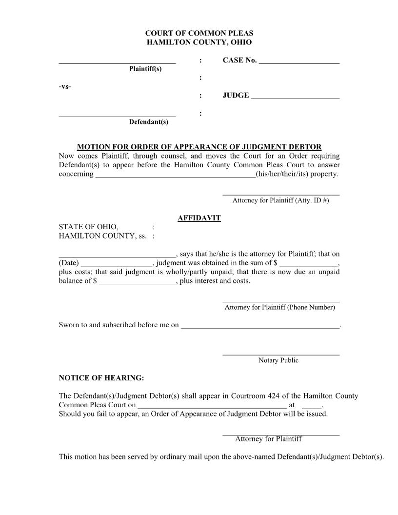 Motion For Order Of Appearance Of Judgment Debtor | Pdf Fpdf Doc Docx | Ohio