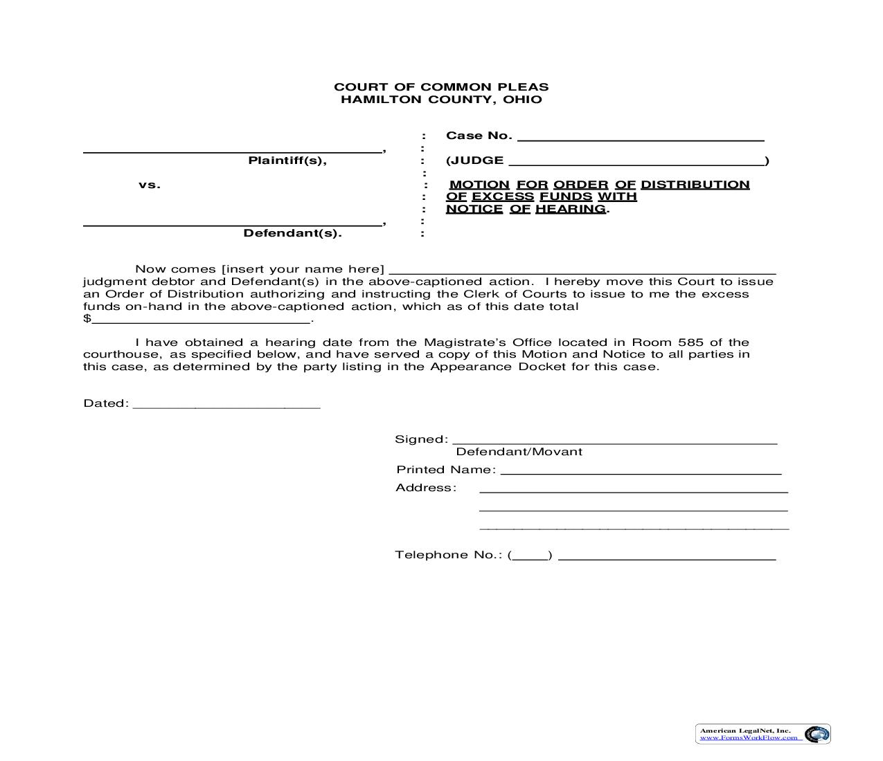 Motion For Order Of Distribution Of Excess Funds | Pdf Fpdf Doc Docx | Ohio