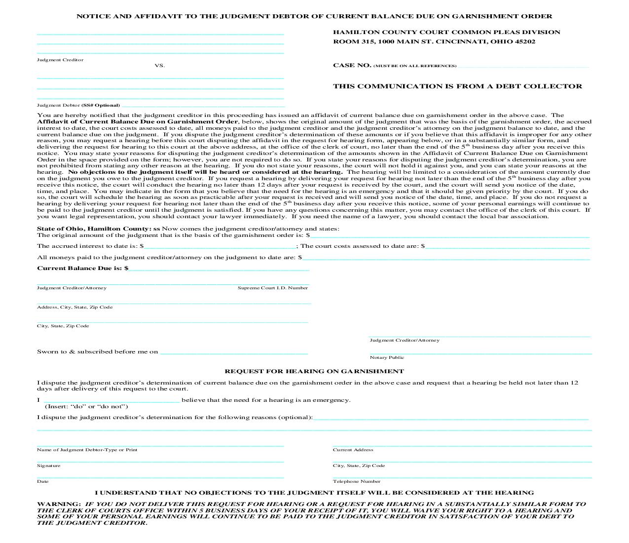 Notice And Affidavit To The Judgment Debtor Of Current Balance Due On Garnishment Order (Common Pleas) | Pdf Fpdf Doc Docx | Ohio
