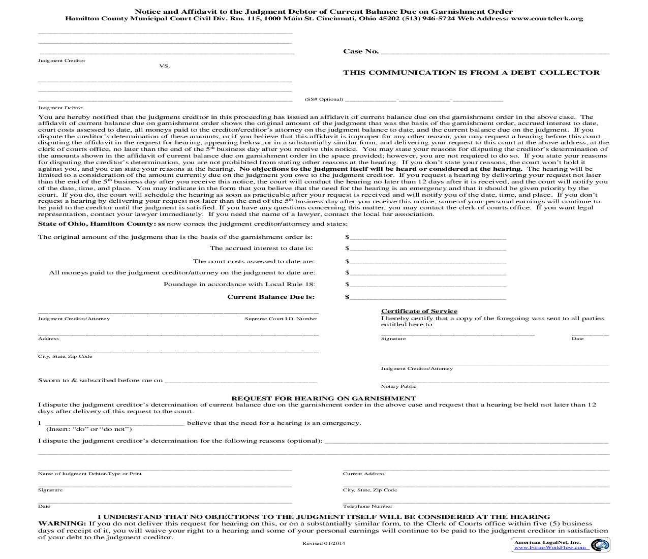 Notice And Affidavit To The Judgment Debtor Of Current Balance Due On Garnishment Order (Municipal Court) | Pdf Fpdf Doc Docx | Ohio