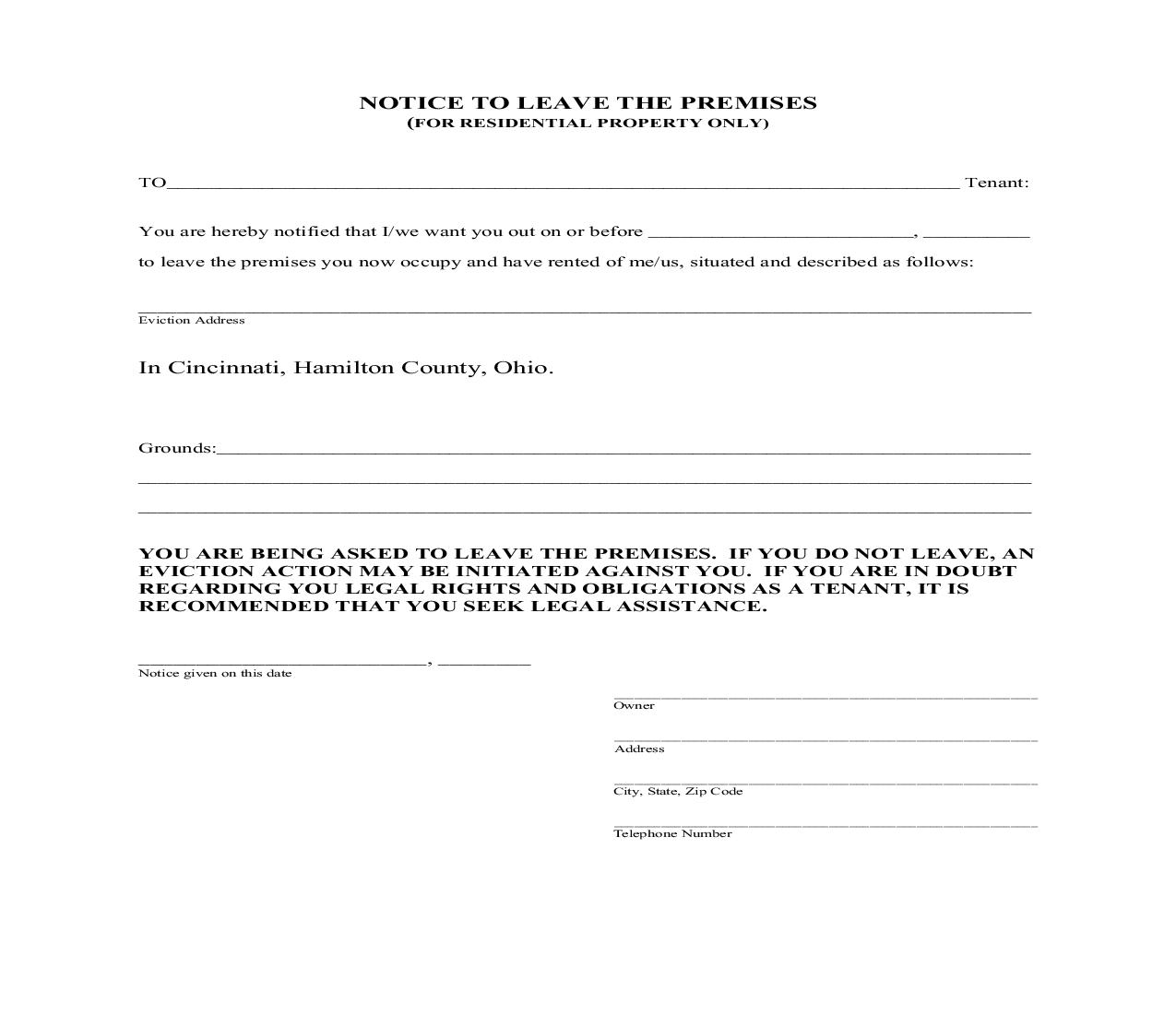 Notice To Leave The Premises For Residential Property Only | Pdf Fpdf Doc Docx | Ohio