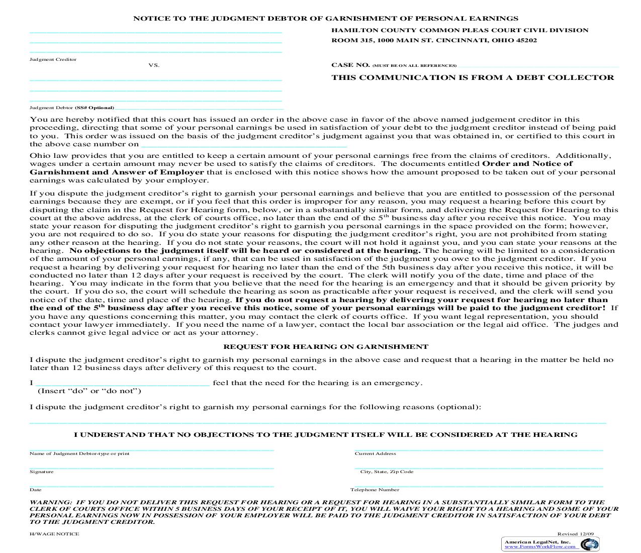Notice To The Judgment Debtor Of Garnishment Of Personal Earnings (Common Pleas) | Pdf Fpdf Doc Docx | Ohio