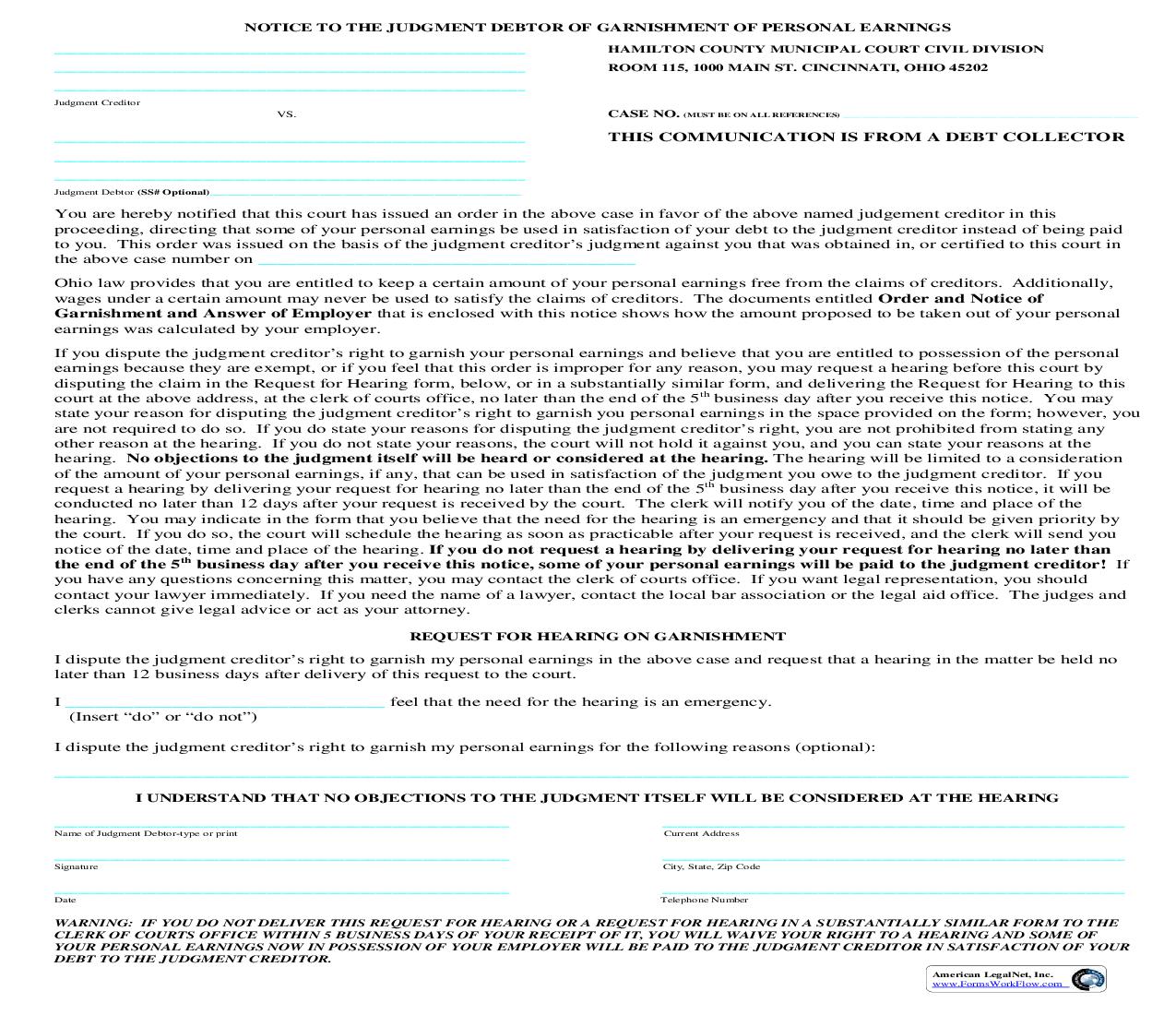 Notice To The Judgment Debtor Of Garnishment Of Personal Earnings (Municipal Court) | Pdf Fpdf Doc Docx | Ohio