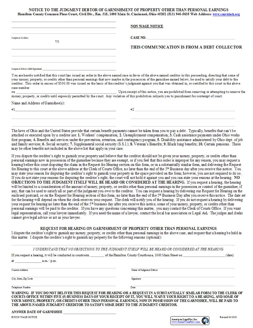 Notice To The Judgment Debtor Of Garnishment Of Property (Common Pleas) | Pdf Fpdf Docx | Ohio