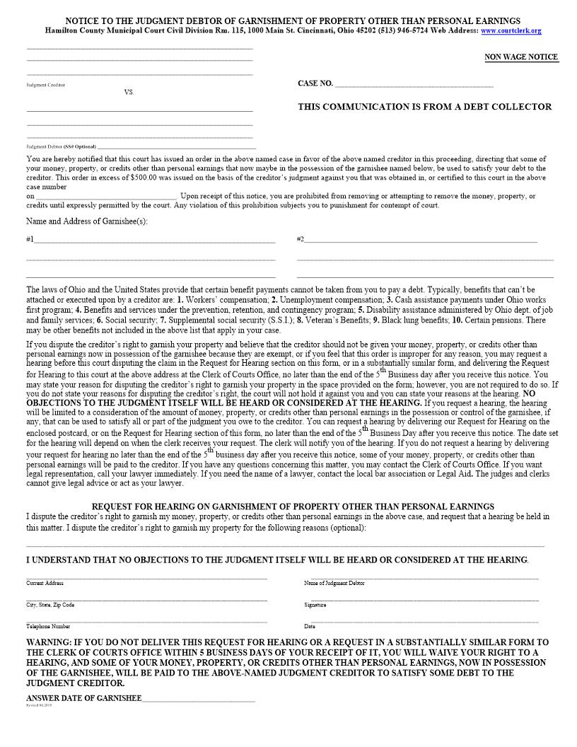 Notice To The Judgment Debtor Of Garnishment Of Property Other Than Personal Earnings (Municipal Court) | Pdf Fpdf Doc Docx | Ohio