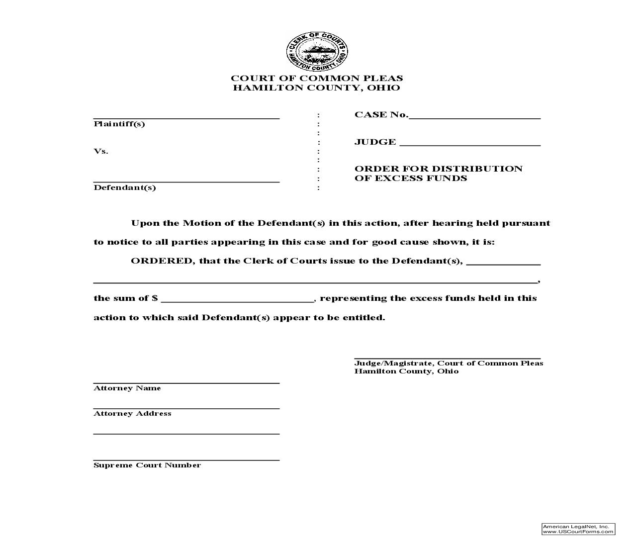 Order For Distribution Of Excess Funds | Pdf Fpdf Doc Docx | Ohio