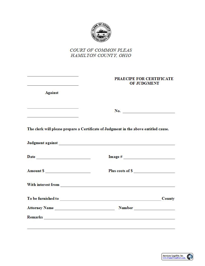 Praecipe For Certificate Of Judgment | Pdf Fpdf Docx | Ohio